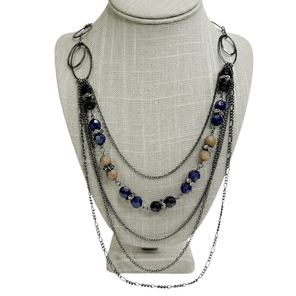 Gunmetal Multi-Layered Chain Acrylic Faceted Blue, Black & Brown Beaded Necklace - Picture 1 of 9